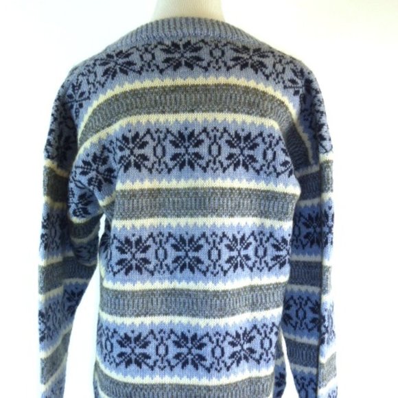 JUMPERS NEW ZEALAND FAIR ISLE wool blue gray navy cream crewneck retro sweater M - Picture 2 of 4